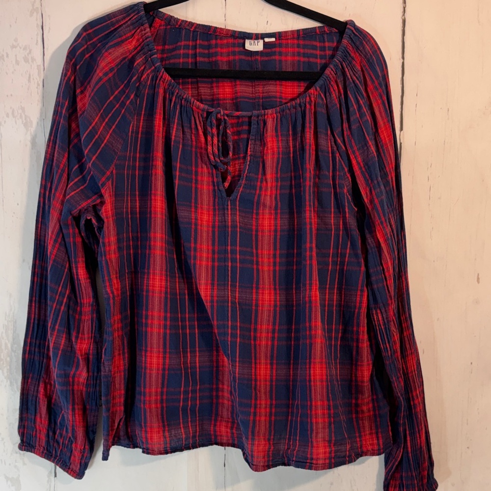 GAP Red and Navy Plaid Peasant Tunic Blouse